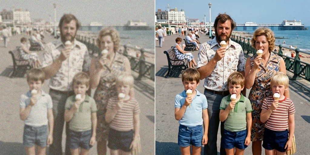 Before and after: a yellowed, faded colour photo of a seaside holiday and the same photo with restored colour