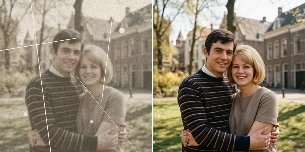 Before and after: a scratched, stained old photo of a young couple and the same photo repaired