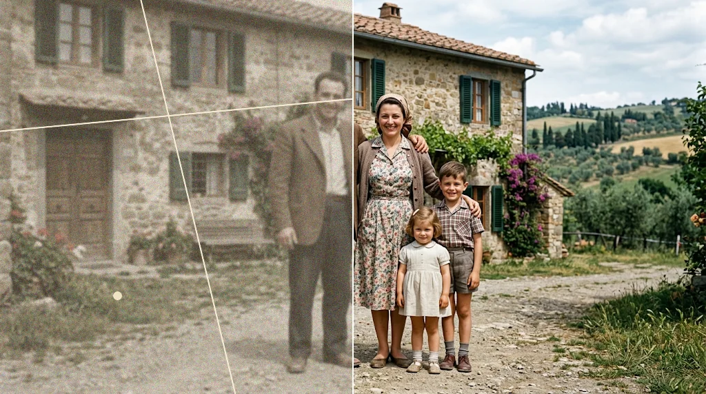 Before and after: a scratched, faded 1950s photo of an Italian family outside their stone farmhouse and the same photo restored