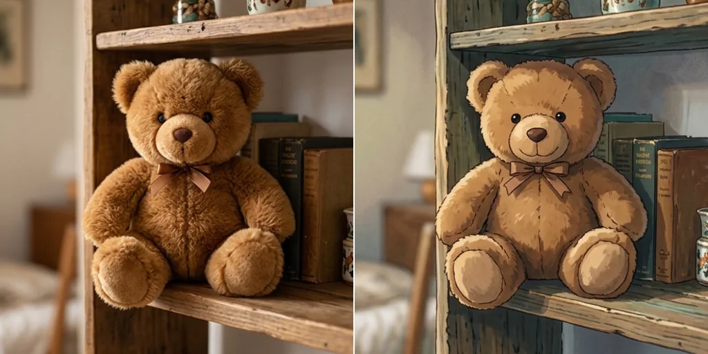 Before and after: a teddy bear on a wooden shelf and the same scene as a detailed anime illustration