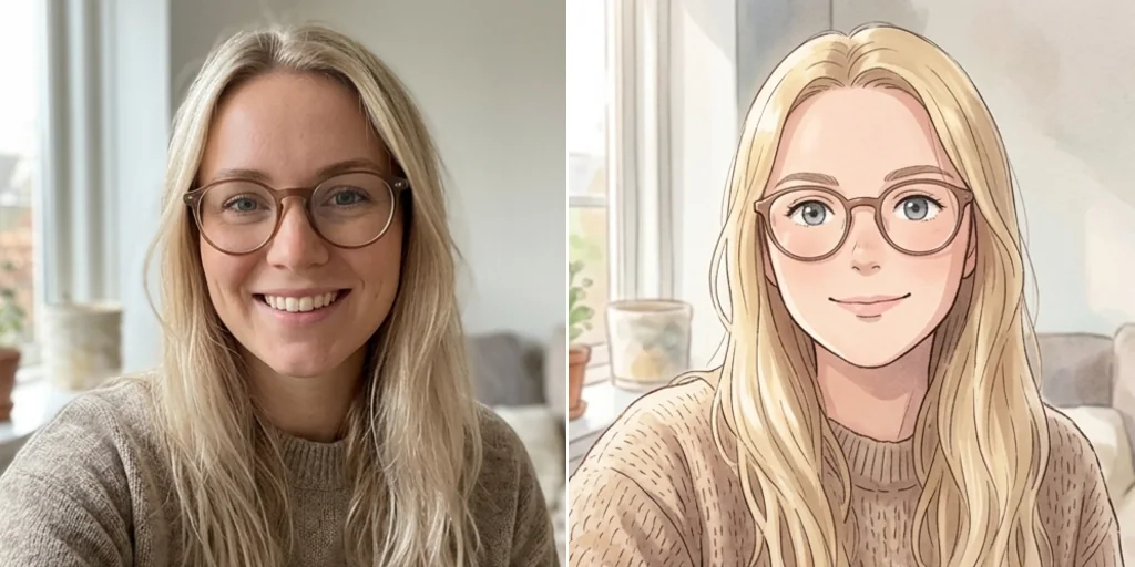 Before and after: a selfie of a woman with glasses and her anime version