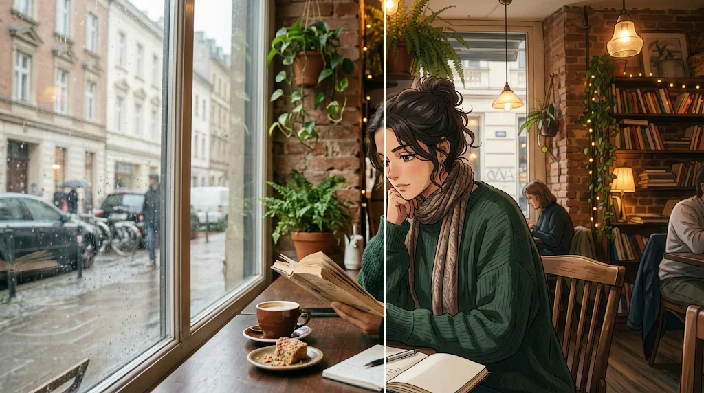 Before and after: a photo of a young woman reading in a cafe and the same scene as an anime illustration