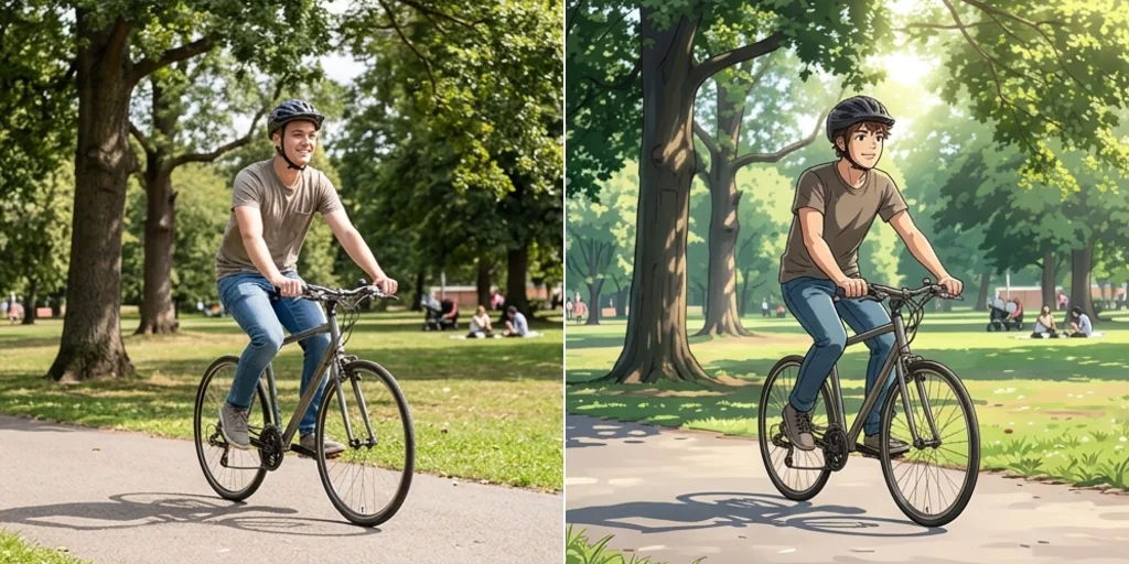 Before and after: a photo of a young man cycling through a park and the same scene in anime style