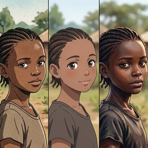 One portrait of a girl with braids shown in three anime styles