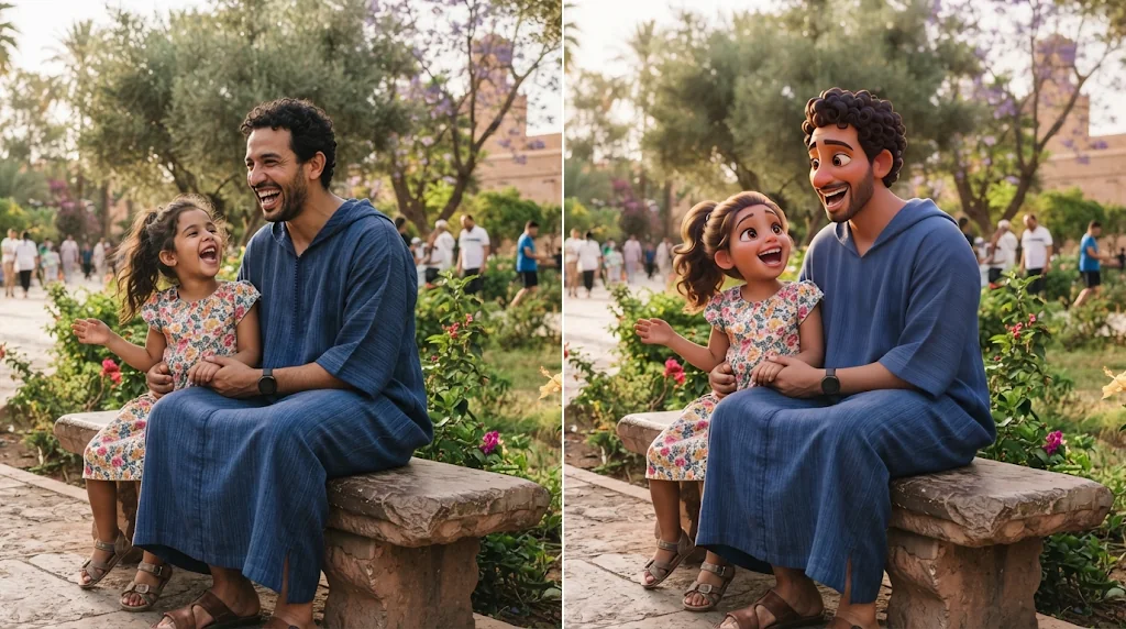Before and after: a photo of a father and daughter laughing in a park and the same moment as a 3D cartoon
