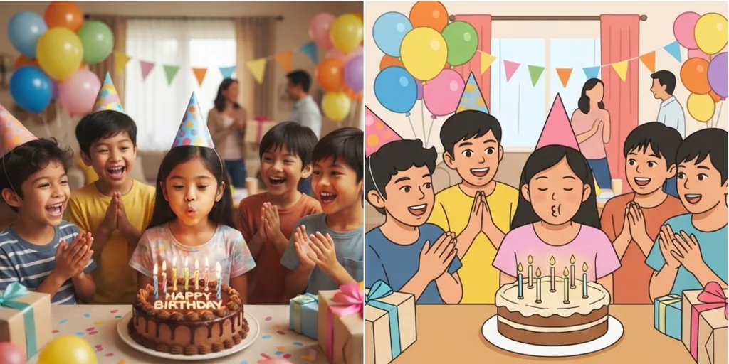 Before and after: a birthday party photo and the same scene as a cartoon
