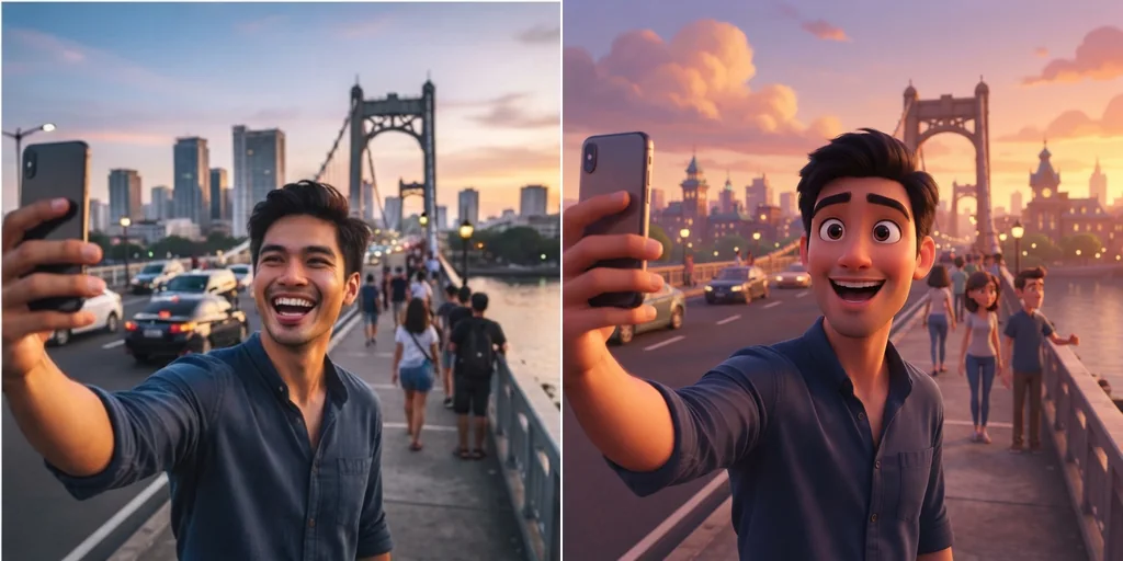 Before and after: a selfie on a city bridge and the cartoon version