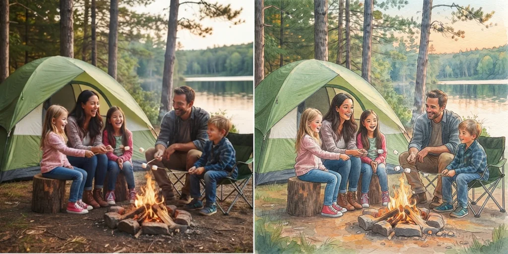 Before and after: a camping photo and a storybook-style cartoon of it
