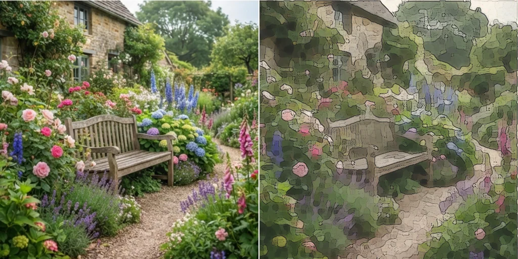 Before and after: a garden photo and the same garden as a watercolour