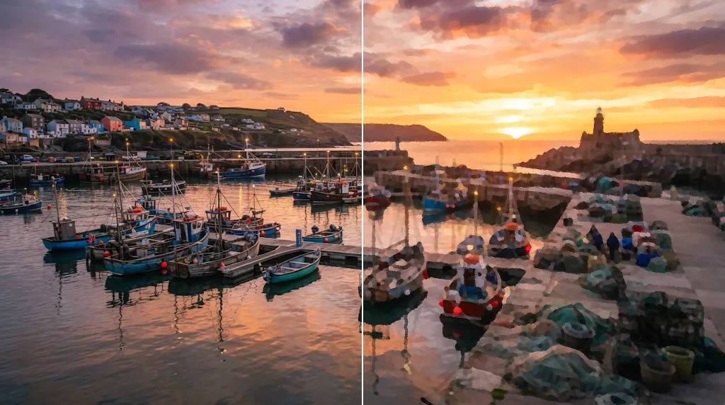 Before and after: a photo of a harbour at sunset and the same scene as an oil painting