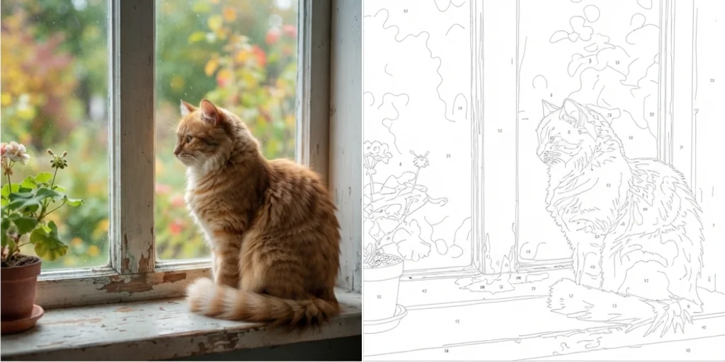 Before and after: a ginger cat on a windowsill and a paint-by-numbers outline of it