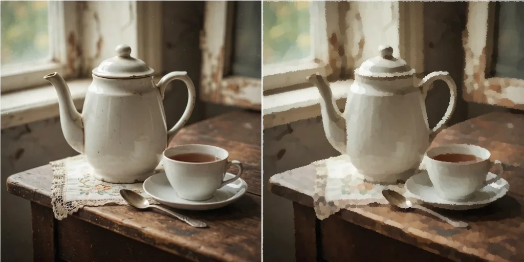 Before and after: an old product photo of a teapot and the same teapot as a still-life painting
