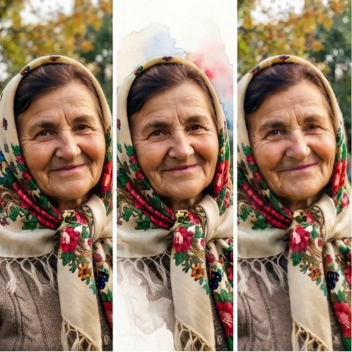 One portrait shown as an oil painting, a watercolour and an impressionist painting