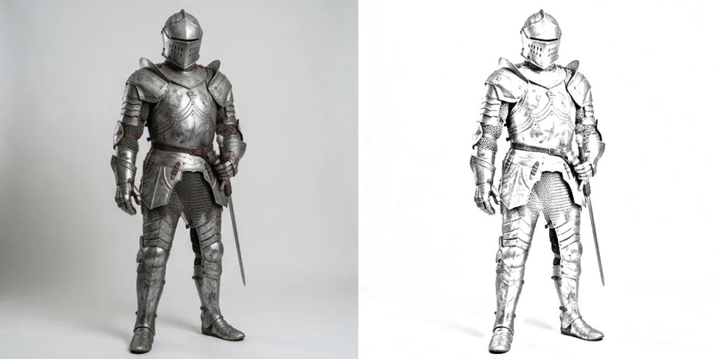 Before and after: a cosplay photo of an original knight and a pencil sketch of it