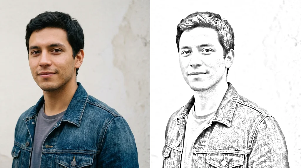 Before and after: a photo of a young man in a denim jacket and the same portrait as a pencil sketch