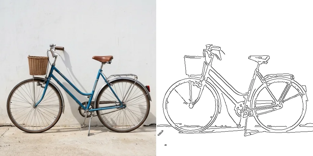 Before and after: a photo of a bicycle and a clean line sketch of it