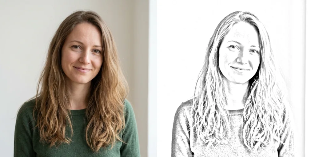 Before and after: a portrait of a woman and her pencil sketch