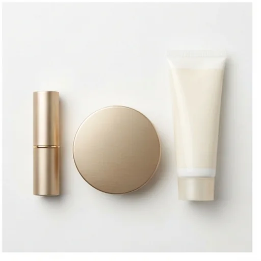 Three cosmetic products beautified in the same studio style