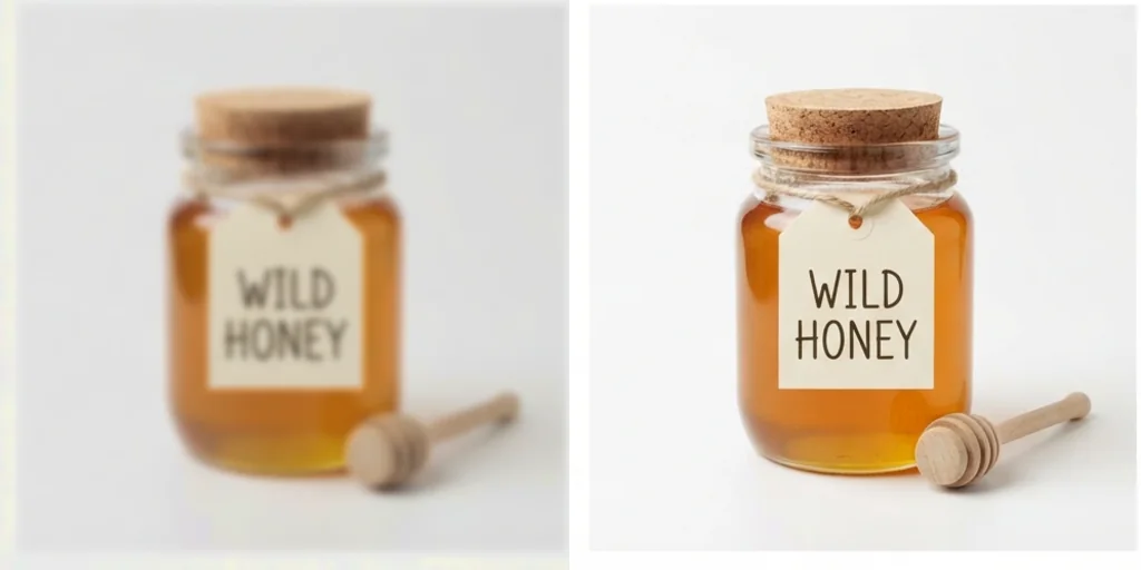 Before and after: a blurry label on a honey jar and the same label sharp
