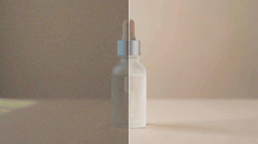 Before and after: a dim phone photo of a skincare bottle and the same bottle beautified with studio light