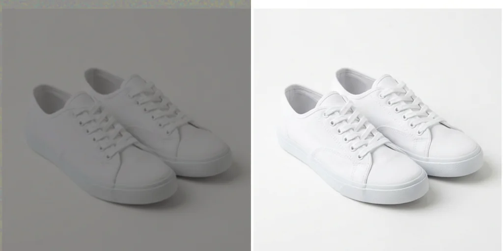 Before and after: a backlit photo of sneakers and the same shoes evenly lit