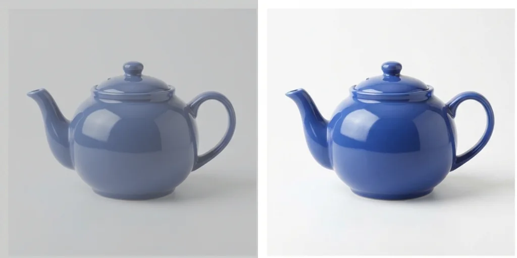 Before and after: a dull photo of a ceramic teapot and the same teapot polished