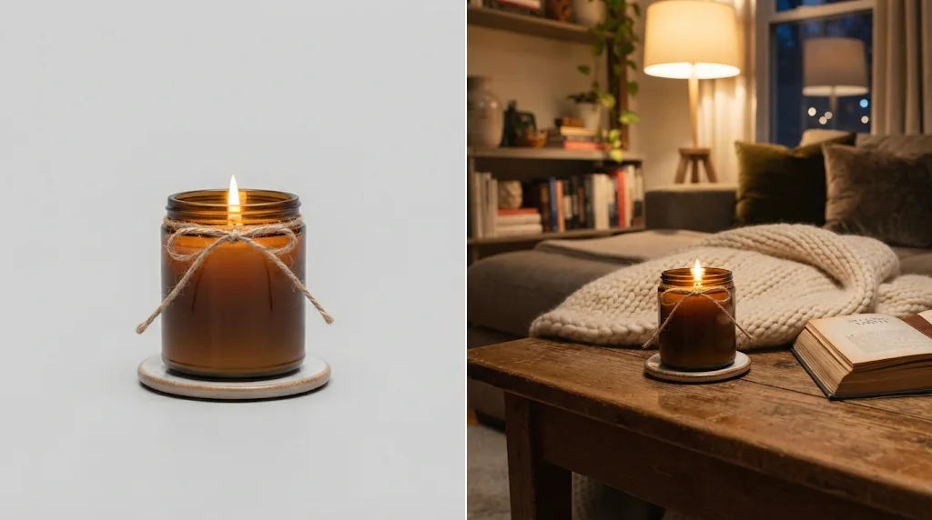 Before and after: a plain photo of a candle and the same candle staged on a cosy living-room table