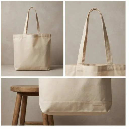 A staged canvas tote bag in square, tall and wide formats