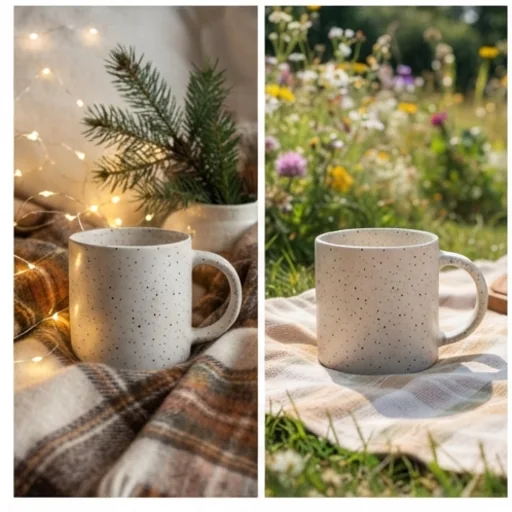 The same mug staged in a winter holiday scene and a summer picnic