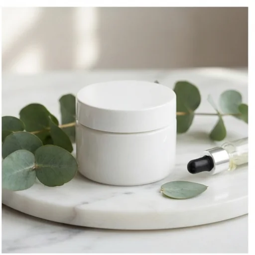 A skincare jar staged on marble with soft daylight and leaves
