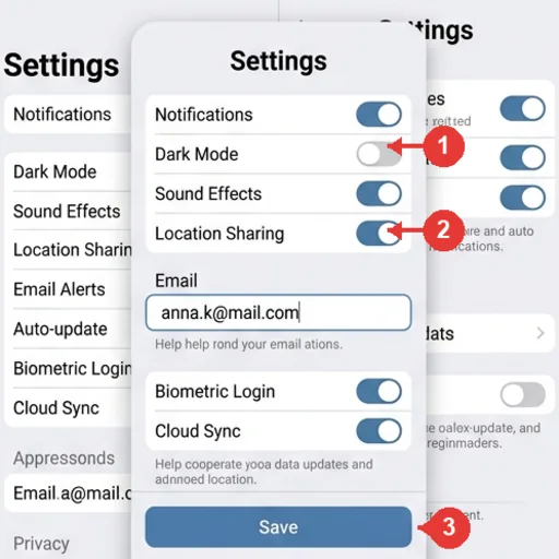A settings screenshot with numbered step markers and arrows