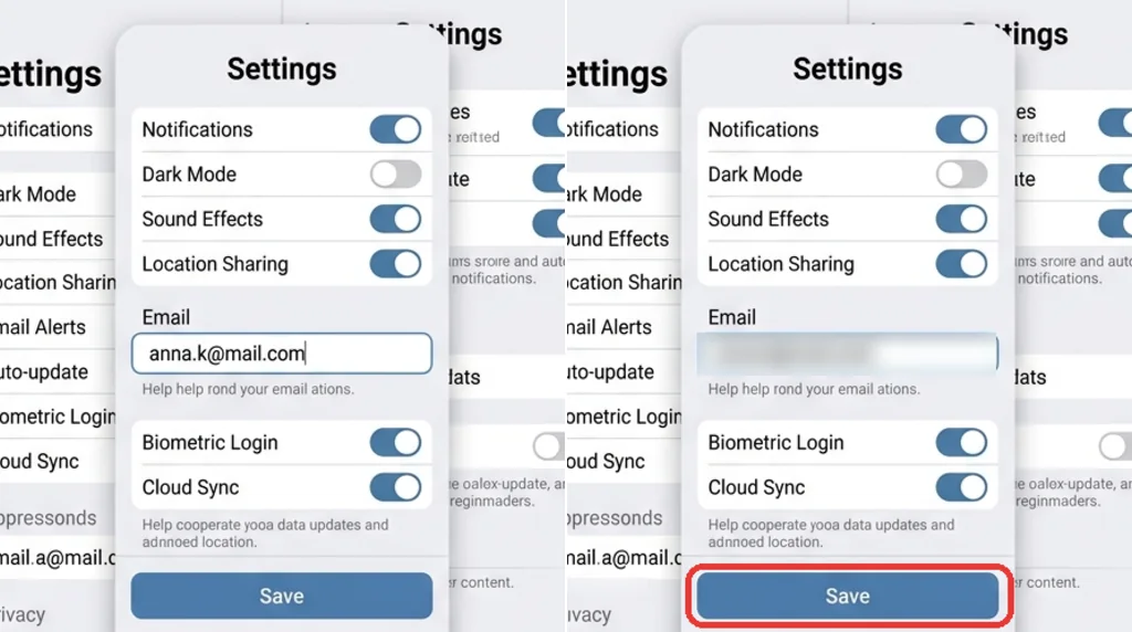 Before and after: a cluttered app screenshot and the same screenshot with a highlighted button and blurred email