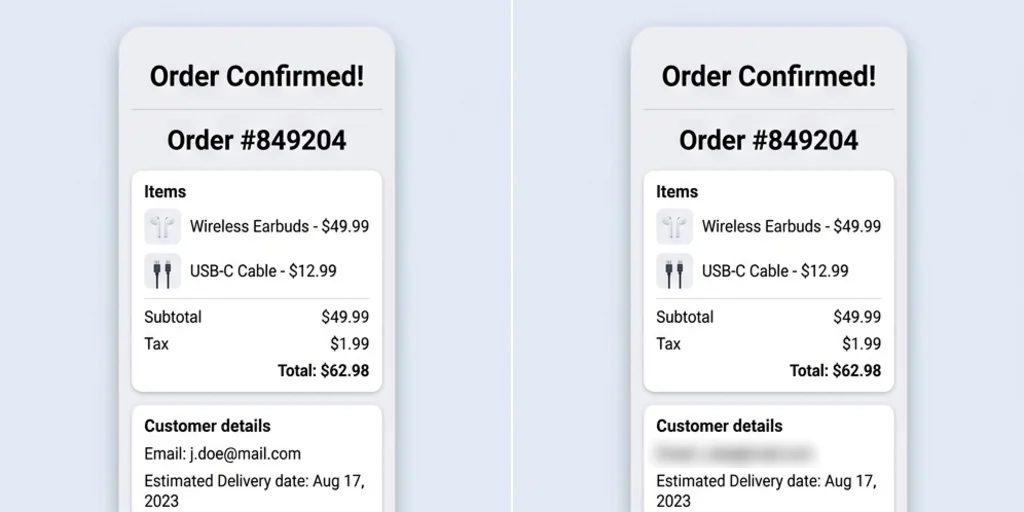 Before and after: an order confirmation with the email visible and the same screen blurred
