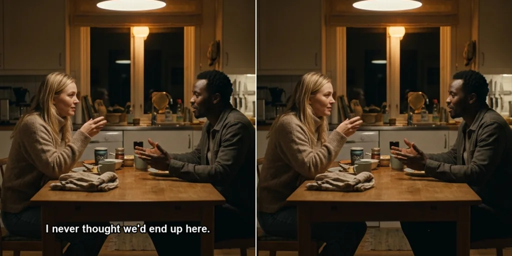Before and after: a video still with subtitles and the same still without them