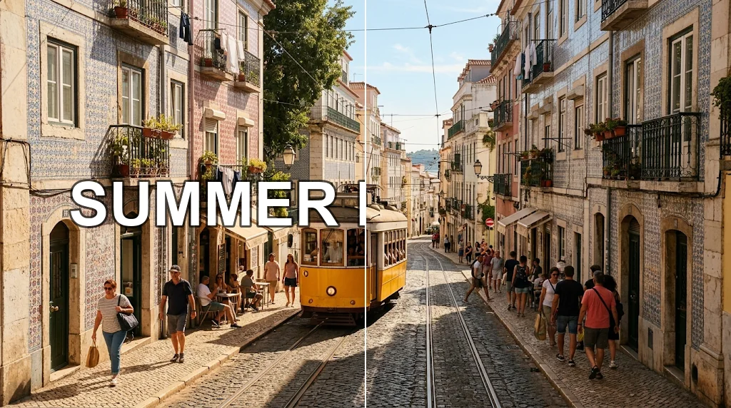 Before and after: a street photo with a large caption across it and the same photo without text