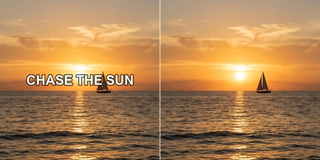 Before and after: a sunset photo with overlaid white text and the same photo clean