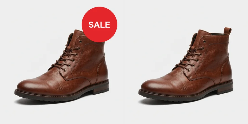 Before and after: a leather boot product photo with a red SALE sticker and the same photo clean