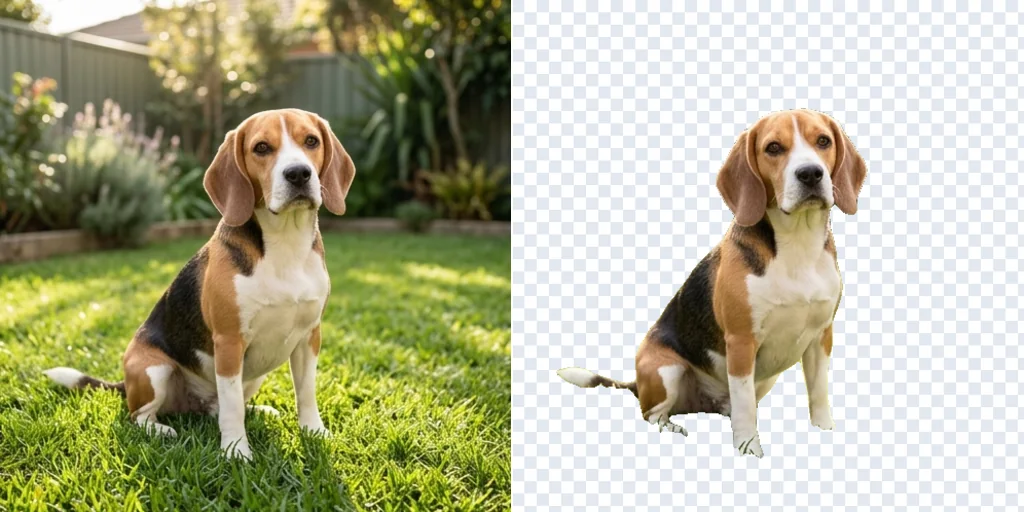 Before and after: a beagle on a garden lawn and the same dog cut out on transparency, ready to reuse