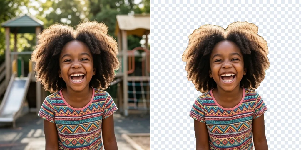 Before and after: a curly-haired child and the same child cut out with every curl kept