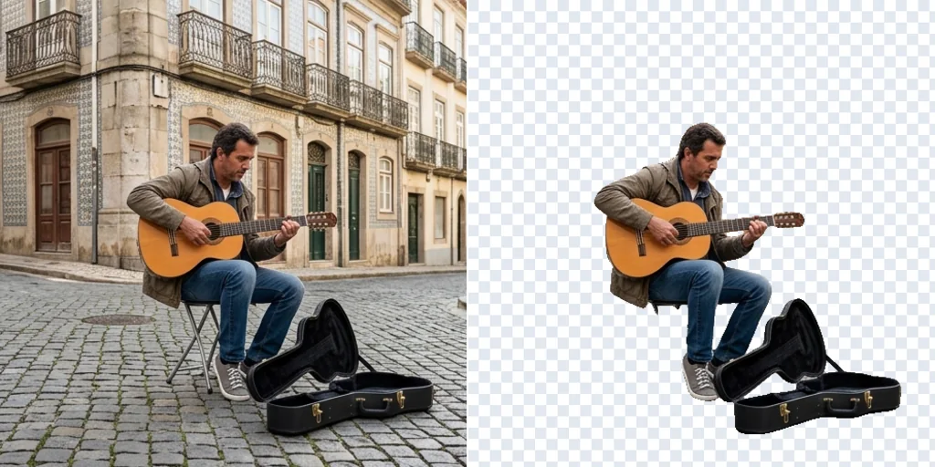 Before and after: a guitarist on a street corner and the same guitarist cut out for any layout