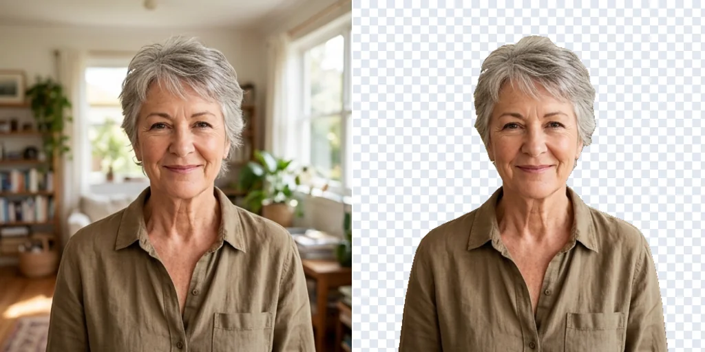 Before and after: a portrait in a living room and the same portrait on transparency for stickers, thumbnails and profile pictures