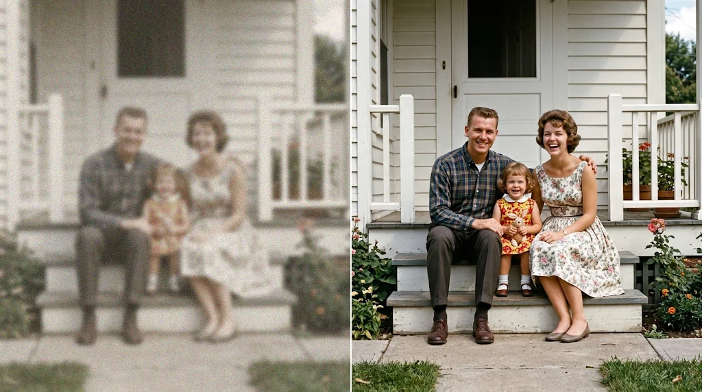 Before and after: a faded, blurry 1960s family photo on a porch and the same photo clear