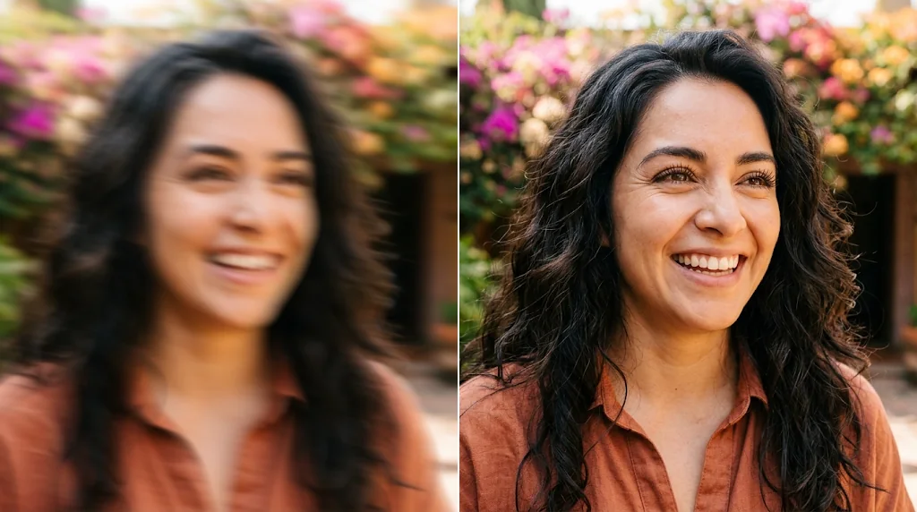 Before and after: a blurry portrait of a laughing woman in a sunny courtyard and the same portrait sharp