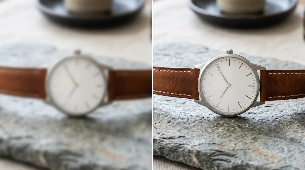 Before and after: a blurry photo of a wristwatch on slate and the same photo sharp