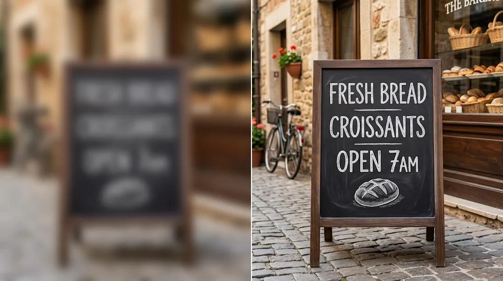 Before and after: an unreadable blurry bakery chalkboard and the same chalkboard with sharp, readable lettering