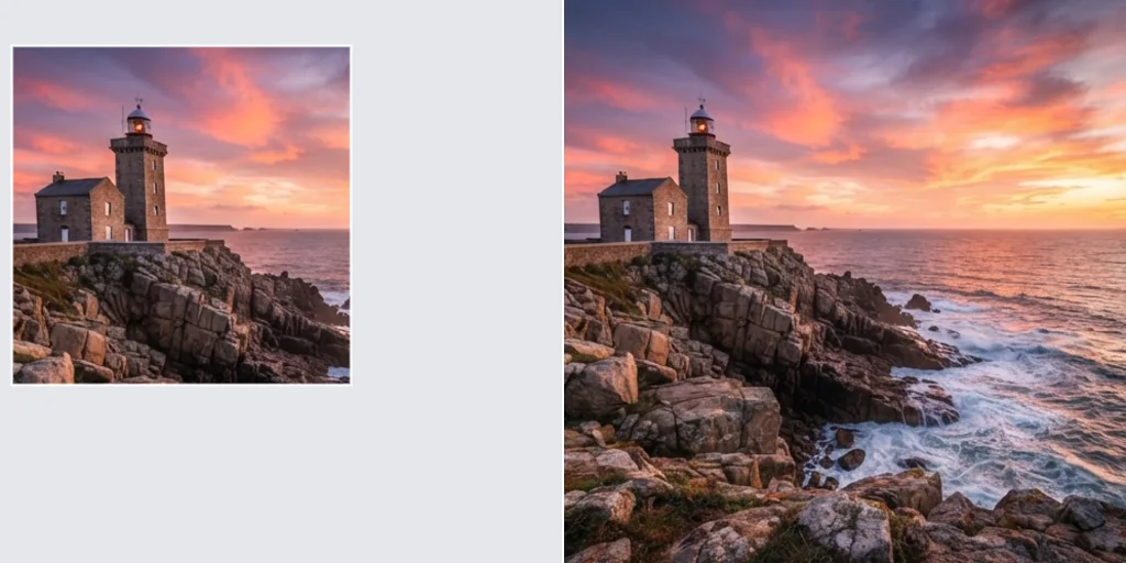 Before and after: a square photo of a lighthouse expanded into a wide coastal view