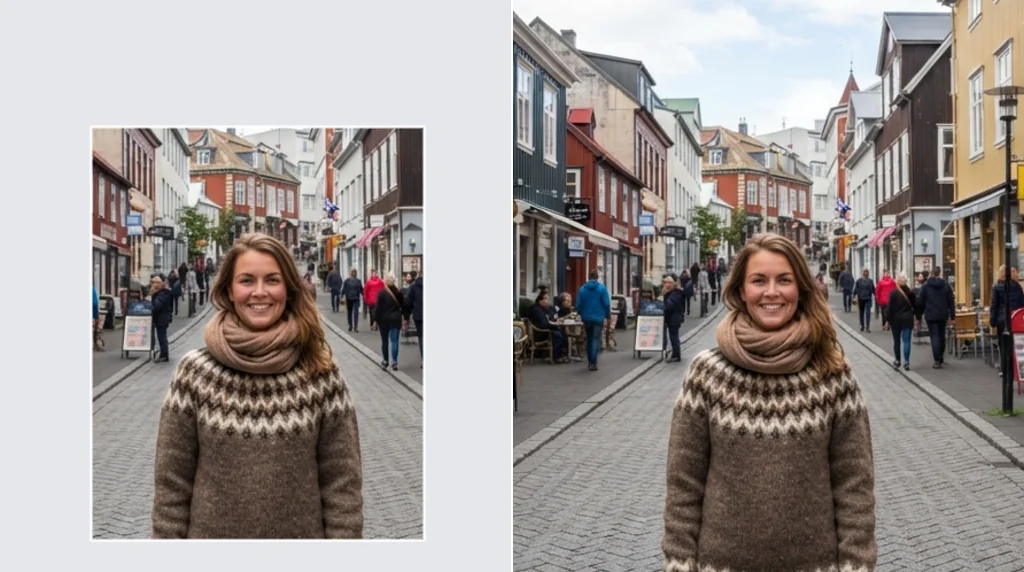 Before and after: a tight portrait crop and the same photo expanded to show the full street scene