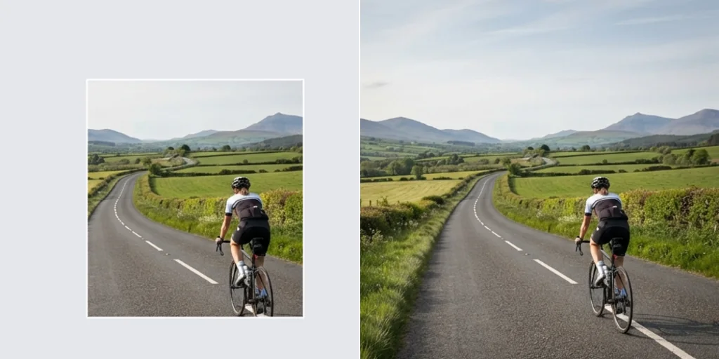 Before and after: a cropped photo of a cyclist and the same photo expanded to show the road