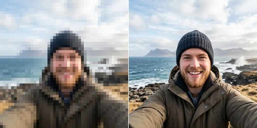 Before and after: a pixelated selfie of a young man and the same face cleaned up