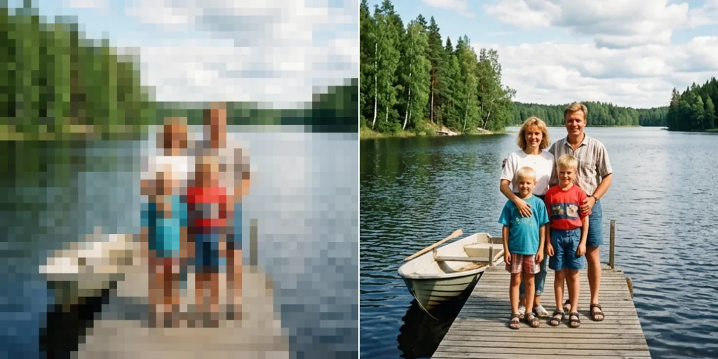 Before and after: a pixelated old photo of a family at a lake and the same photo cleaned up